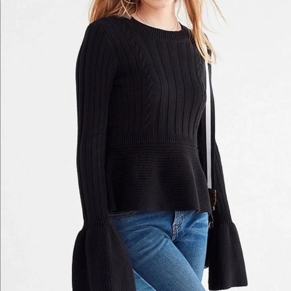 Urban Outfitters Black Ribbed Peplum Bell Sleeve Cotton Knit Sweater XS